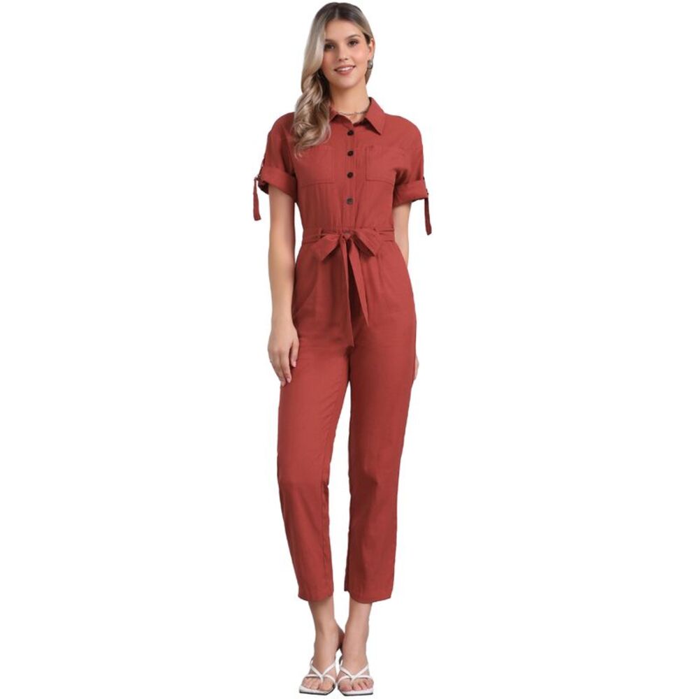 Short Sleeve Collared Cropped Tie Waist Cotton Cargo Jumpsuit Red
